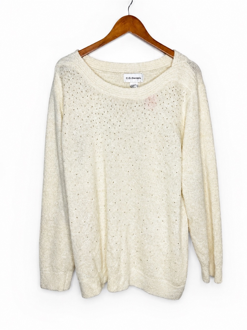 C.D. Daniels 3X Cream Rhinestone Lurex Knit Sweater Plus Size Holiday Pullover